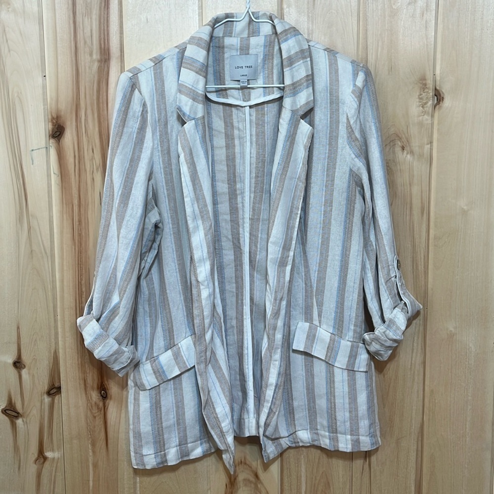 Love Tree Striped Linen Blend‎ Cardigan Size L
